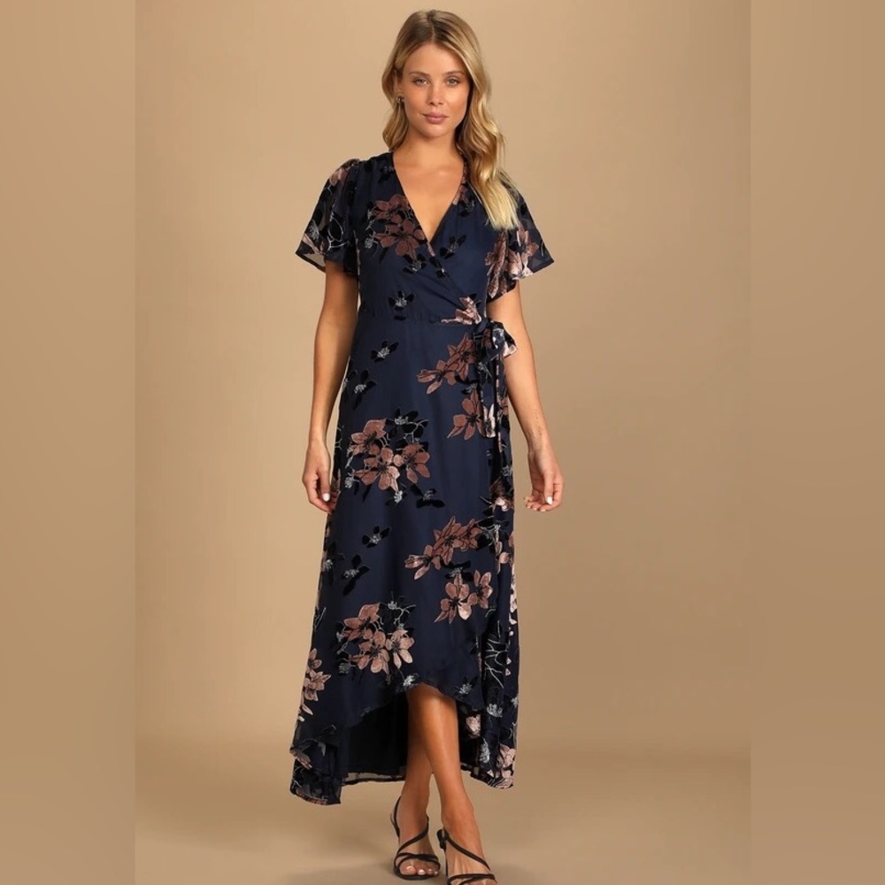 Bistro Dates Navy Blue Burnout Velvet Jacquard Wrap Maxi Dress size Large